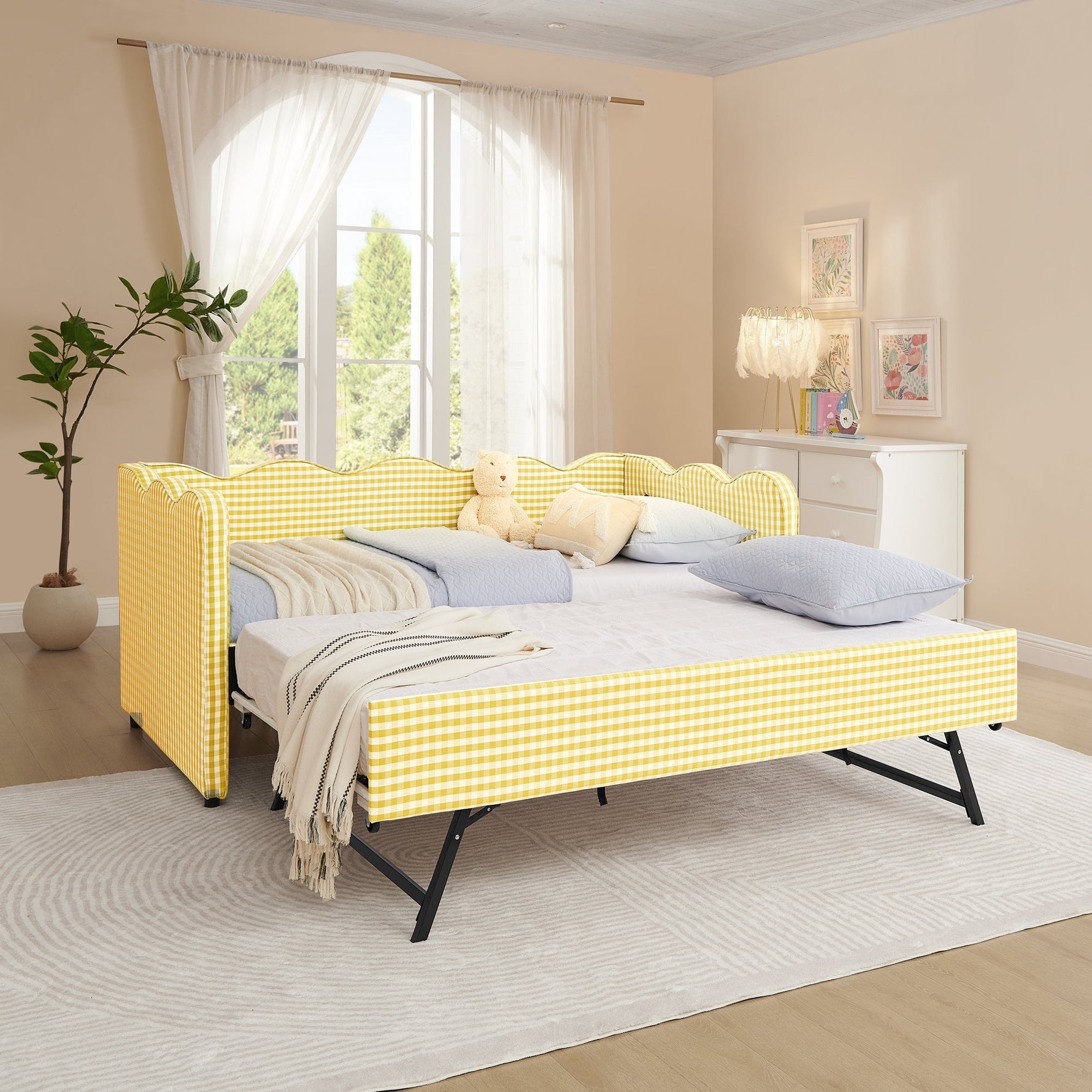 Cozy Gingham Daybed with Trundle Twin Size Sofa Bed