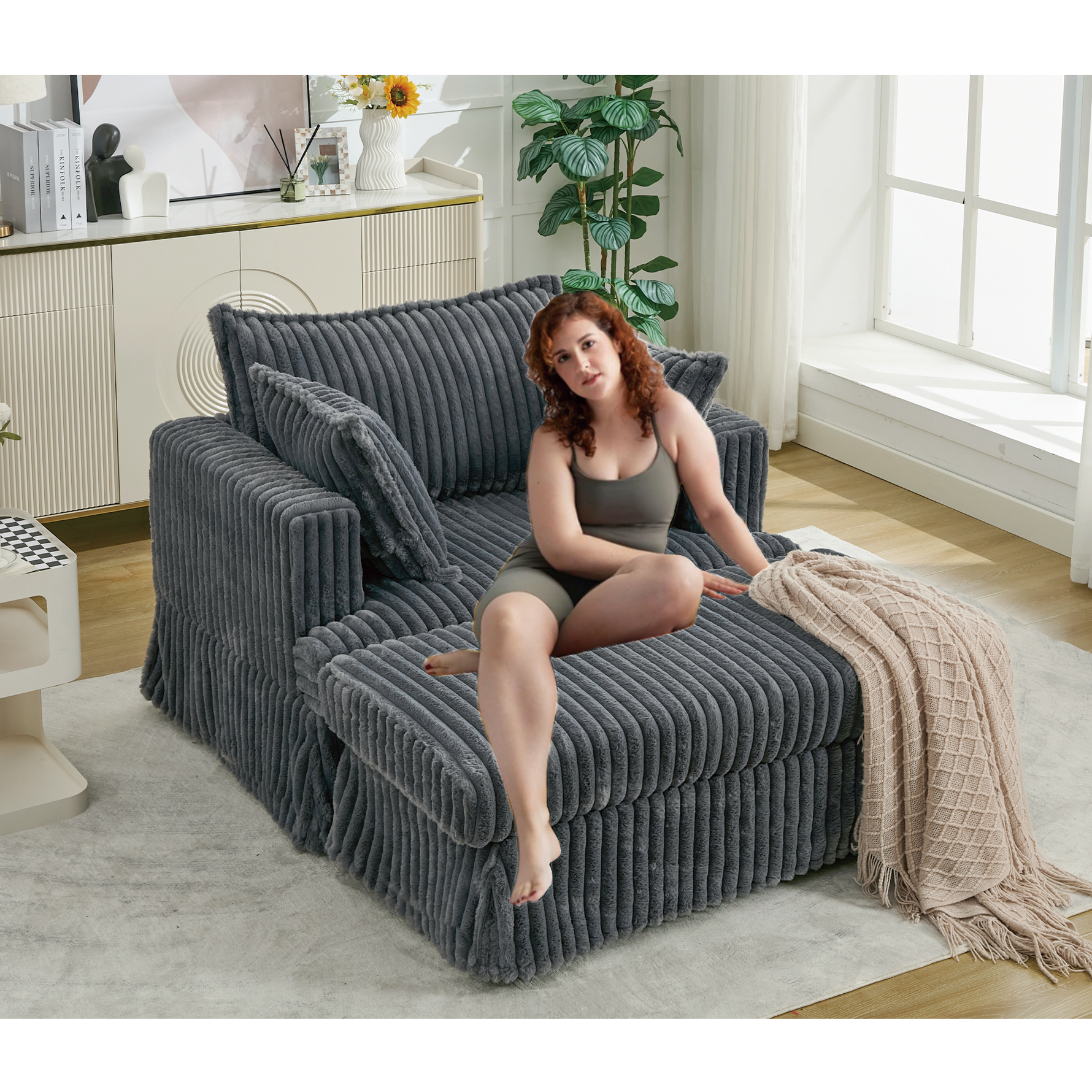 Oversized Corduroy Chaise Lounge with Ottoman in Dark Gray