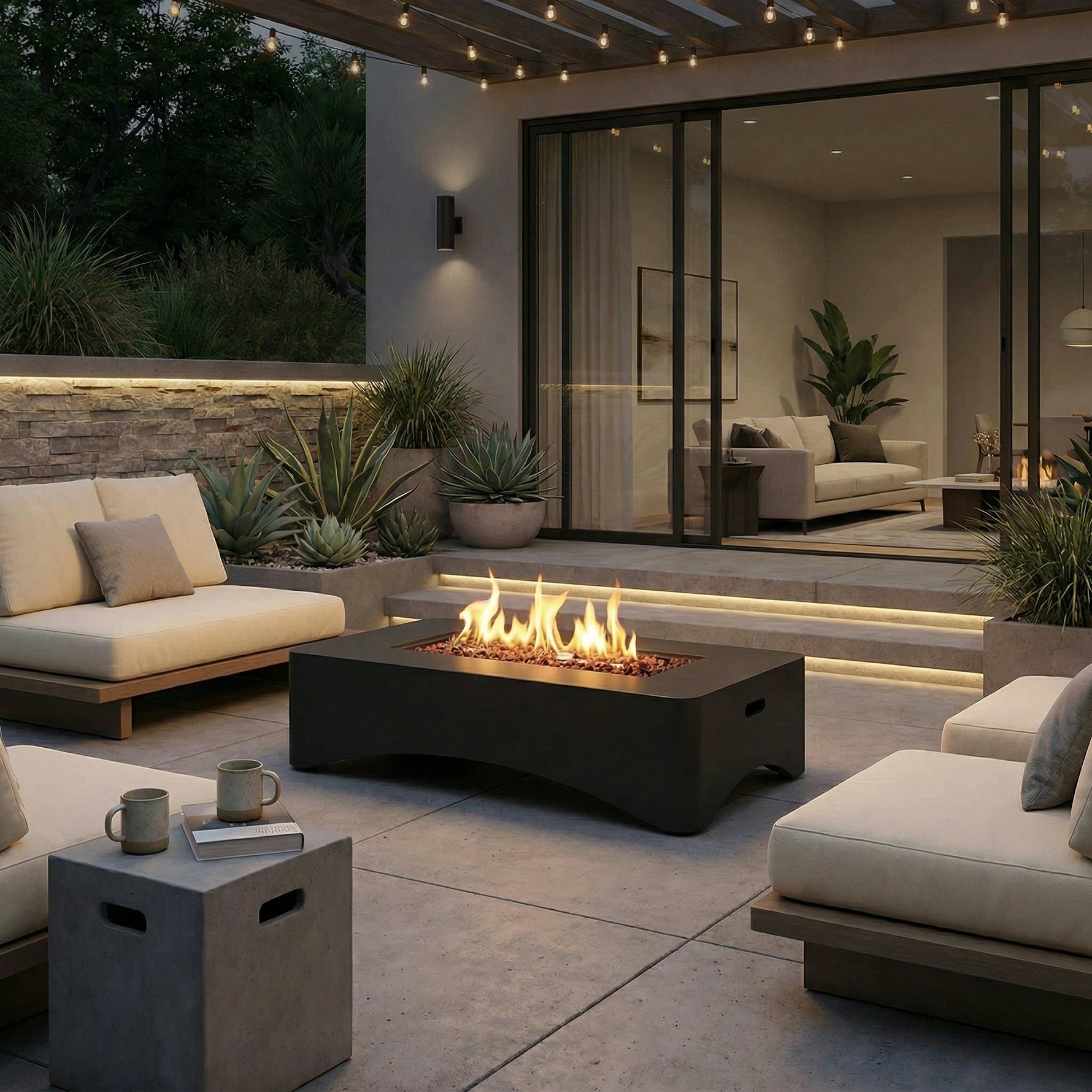 56" Propane Fire Pit Table, Rectangular Outdoor Gas Fire Pit
