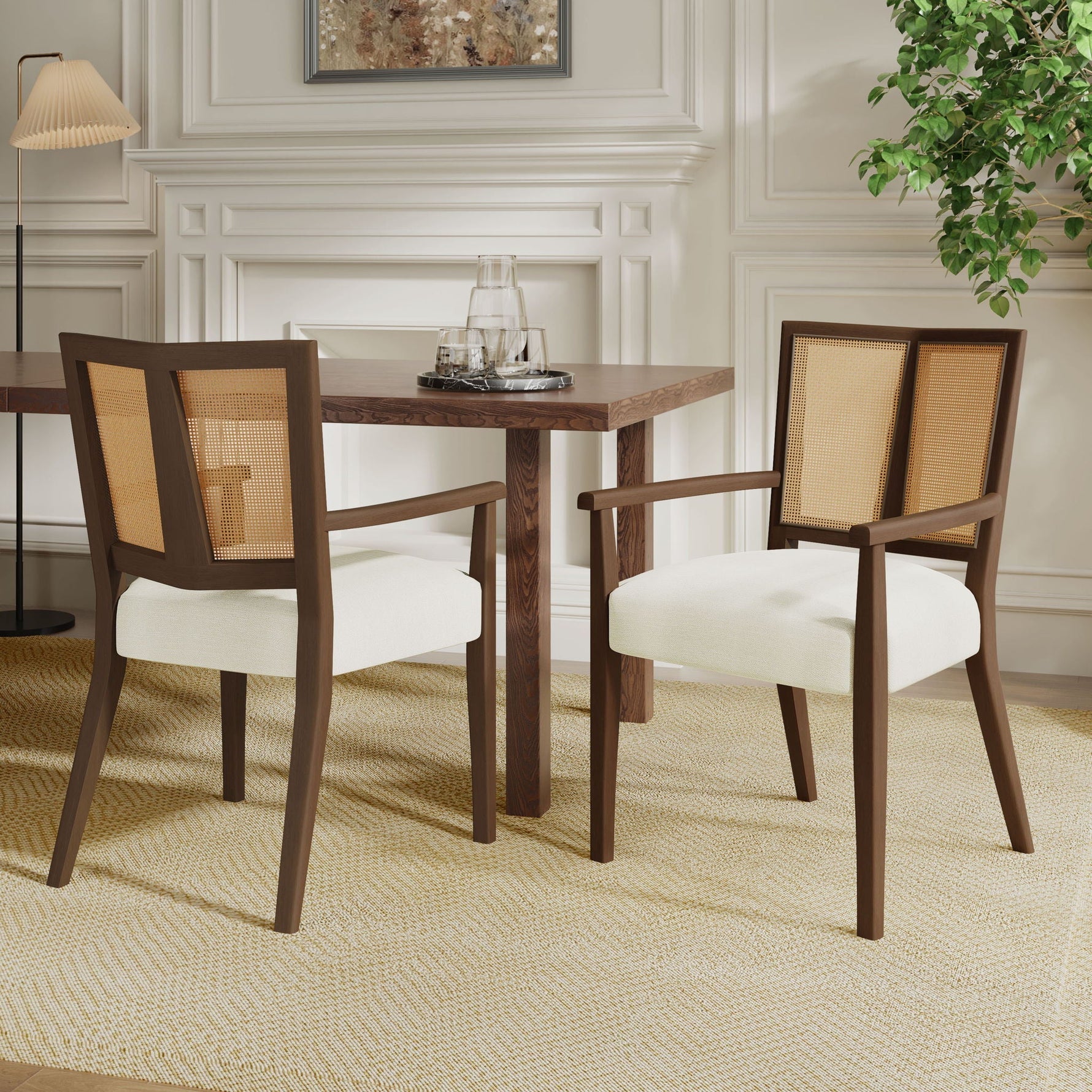 Mid Century Modern Arm Dining Chairs With Rattan Backrest