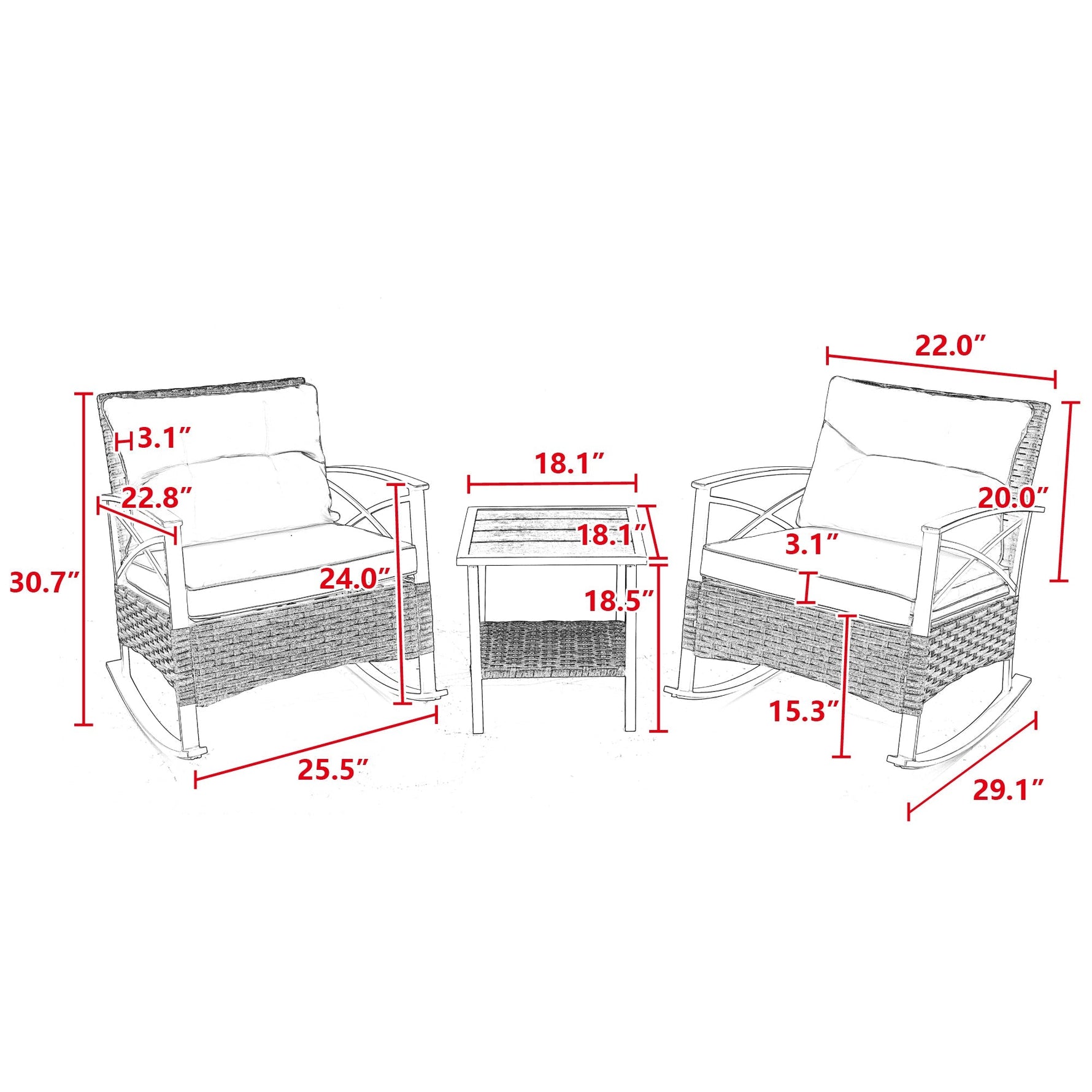 3pcs Rocking Rattan Set - Grey