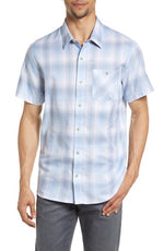 TravisMathew Champions Choice Plaid Short Sleeve Button-Up Shirt in White/Blue  Size Small