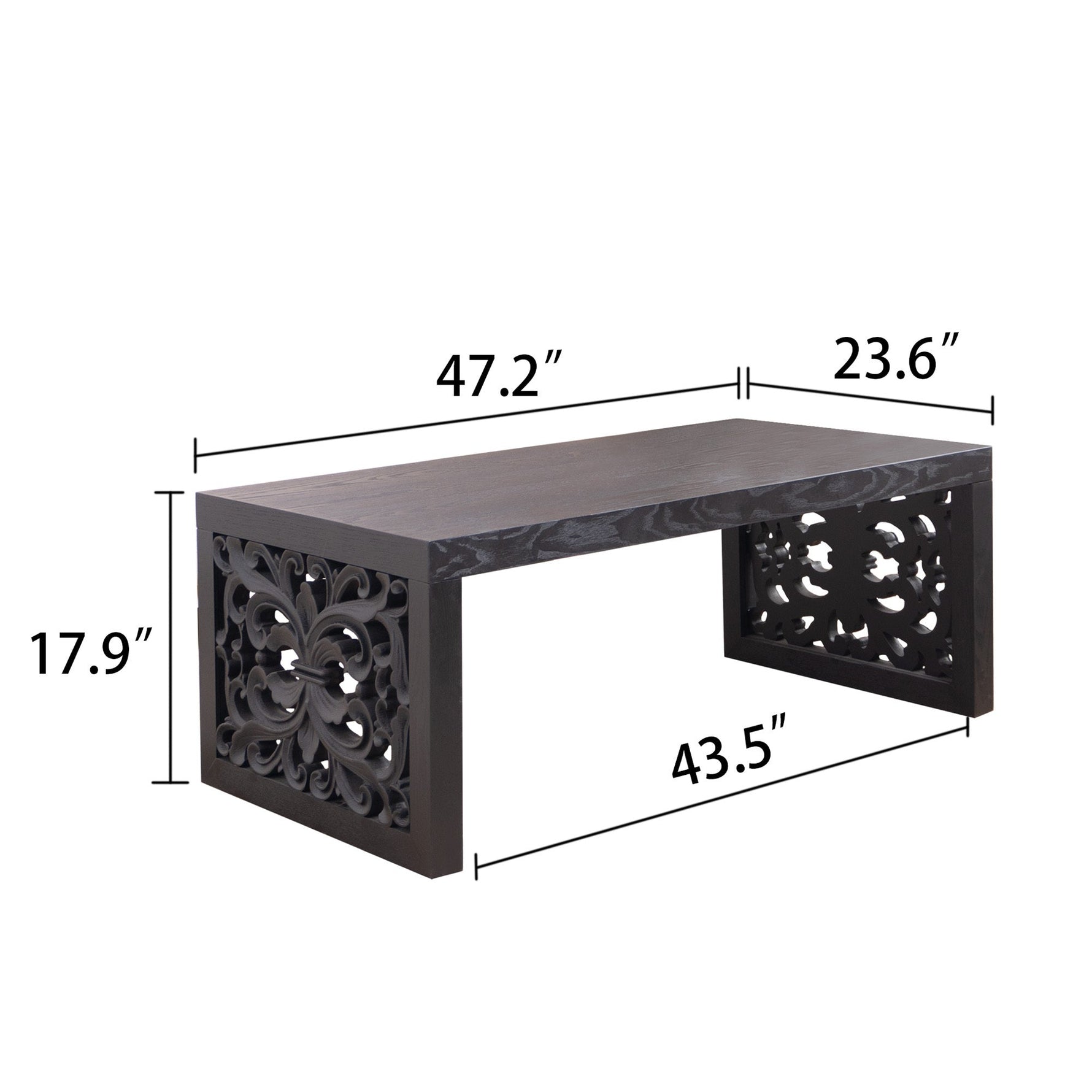 47.2" Solid Black Carved Wood Coffee Table – Handcrafted Look with Ornate Side Panels