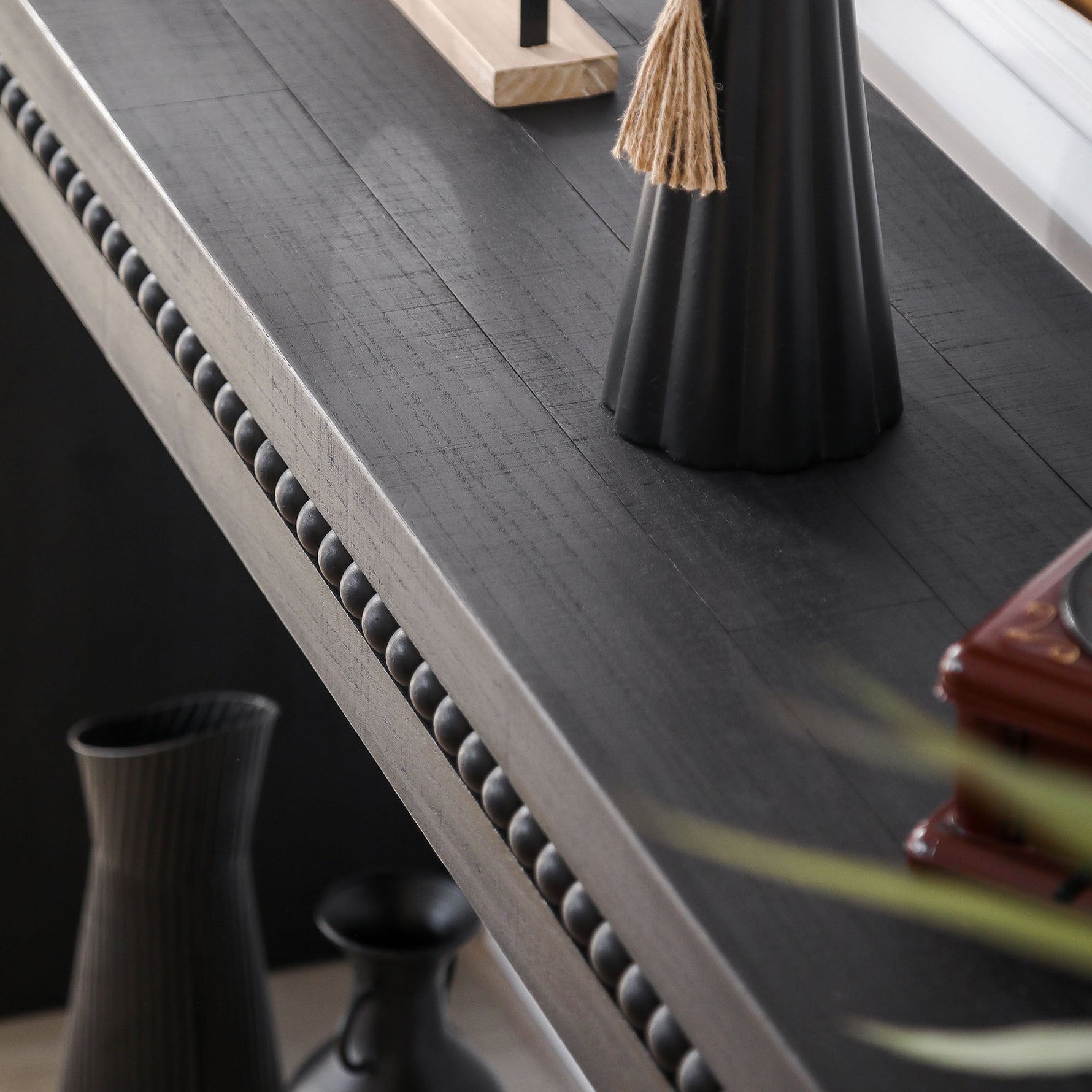64in Modern Black Wood Console Table – Elegant Entryway Table with Decorative Beaded Trim