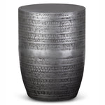 Johnsen 15 Inch Wide Tribal Pattern Metal Accent Table in Antique Silver