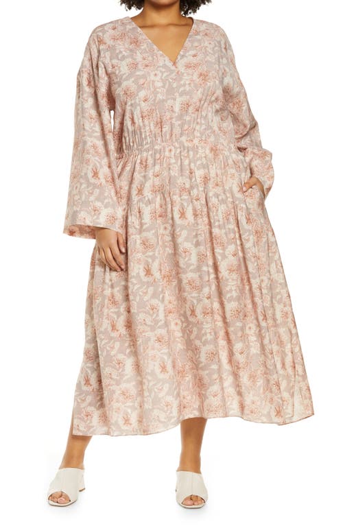 Vince Dahlia Print Long Sleeve Midi Dress in Lotus Shell, Size 1X