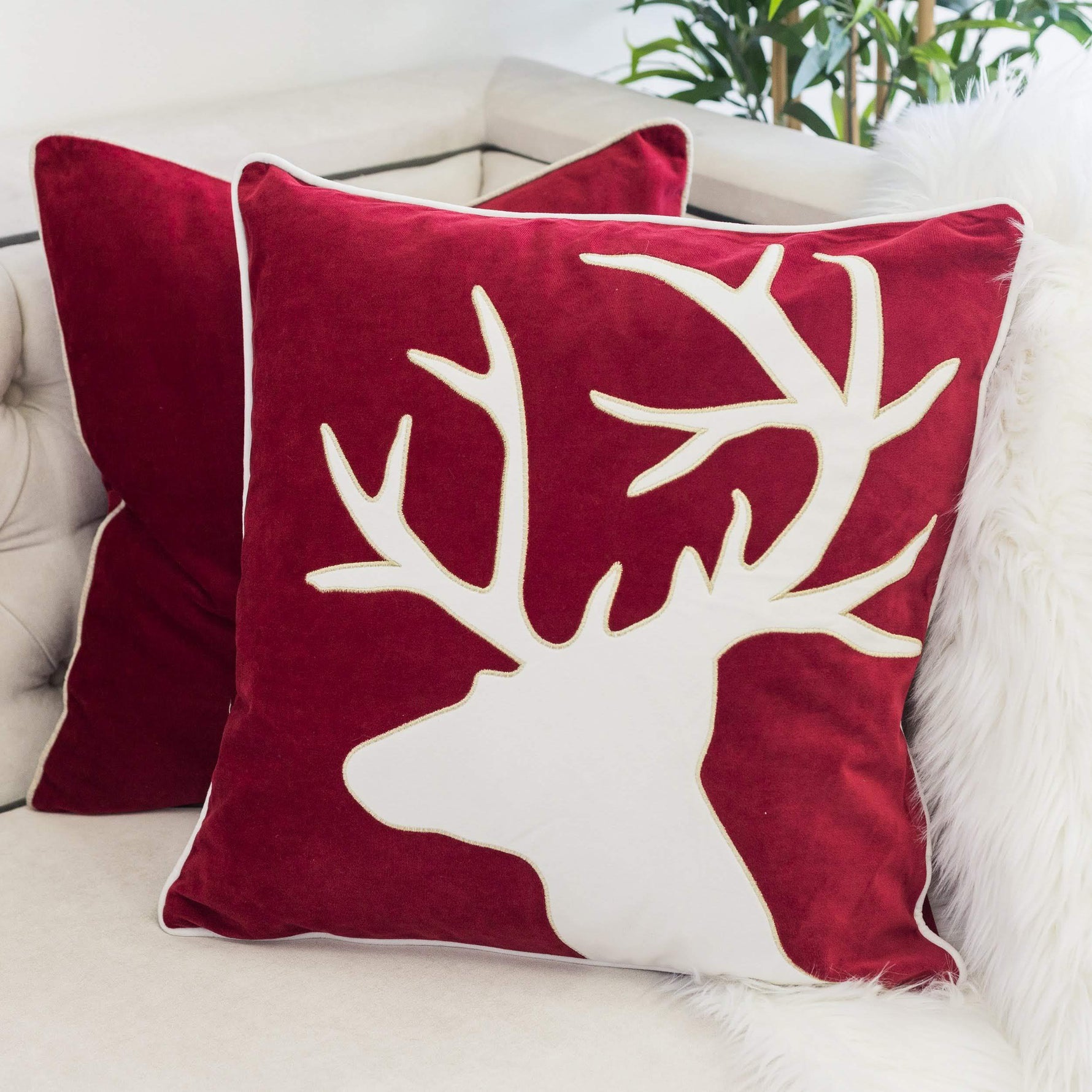 Holiday Reindeer Velvet Accent Pillow 20x20 – Red and White with Insert