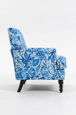 Upholstered Accent Chair with Blue and White Porcelain Print Linen Fabric
