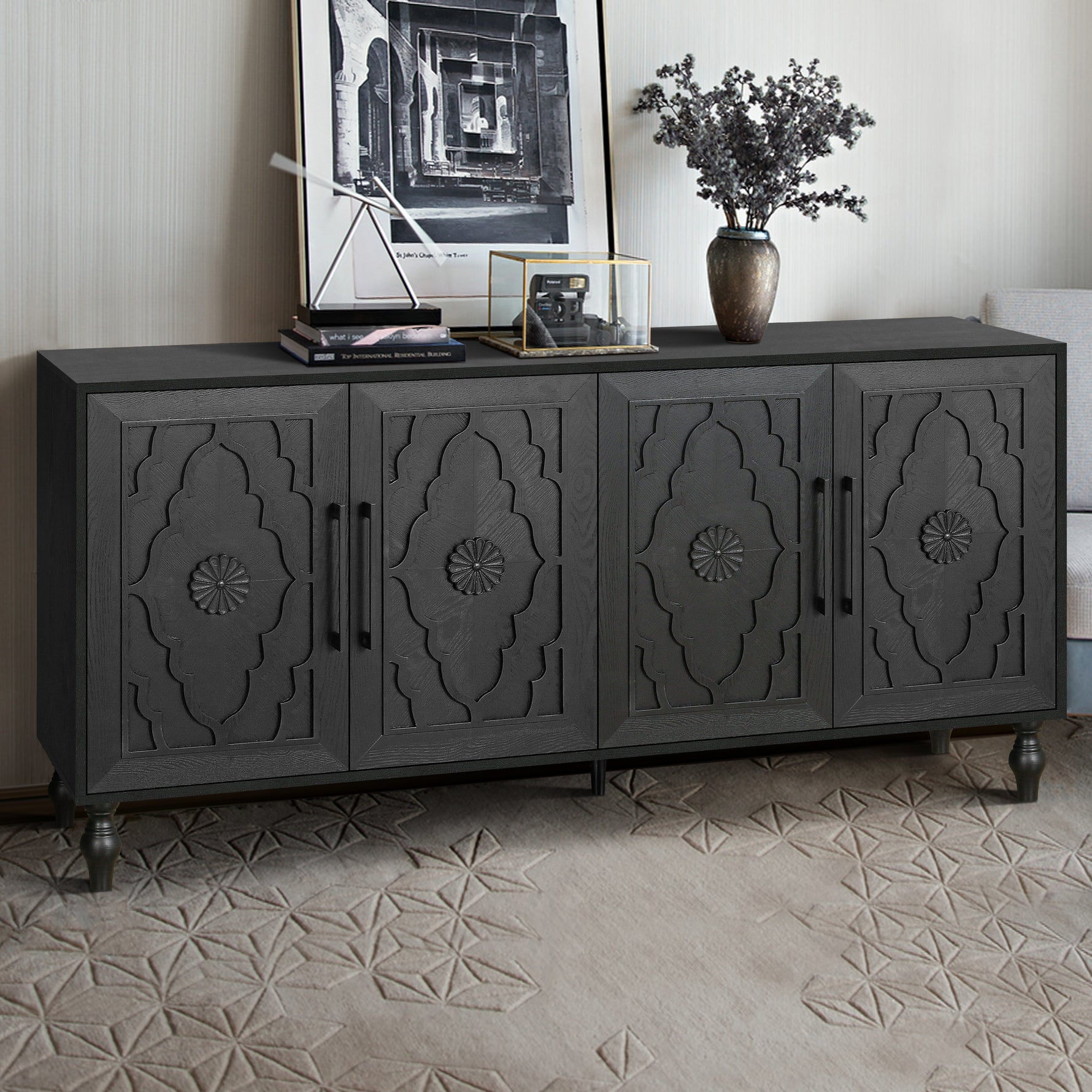 Carved Flower Door Large Storage Cabinet with Metal Handle
