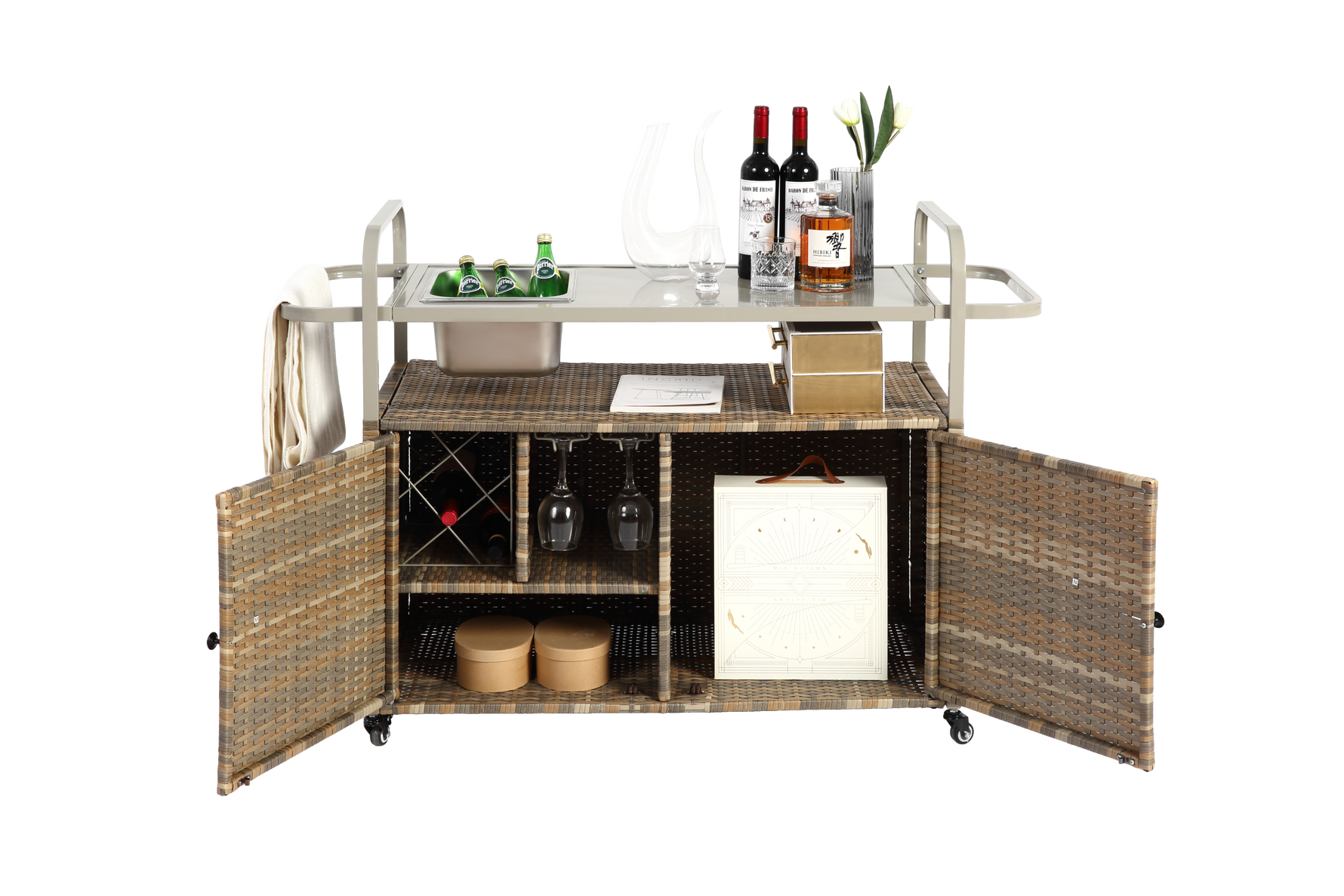 Outdoor Bar Table with Wicker Cabinet and Steel Top