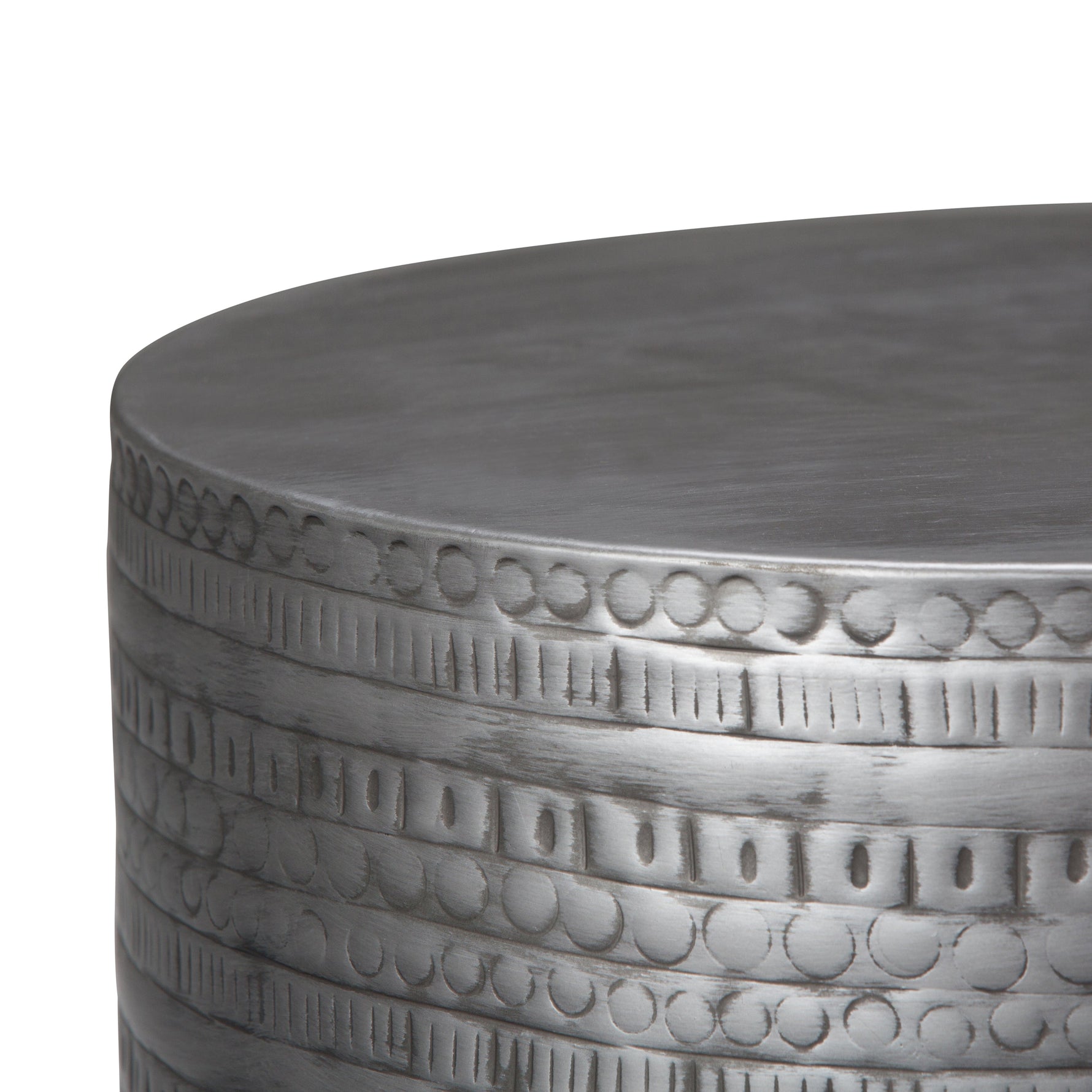 Johnsen 15 Inch Wide Tribal Pattern Metal Accent Table in Antique Silver