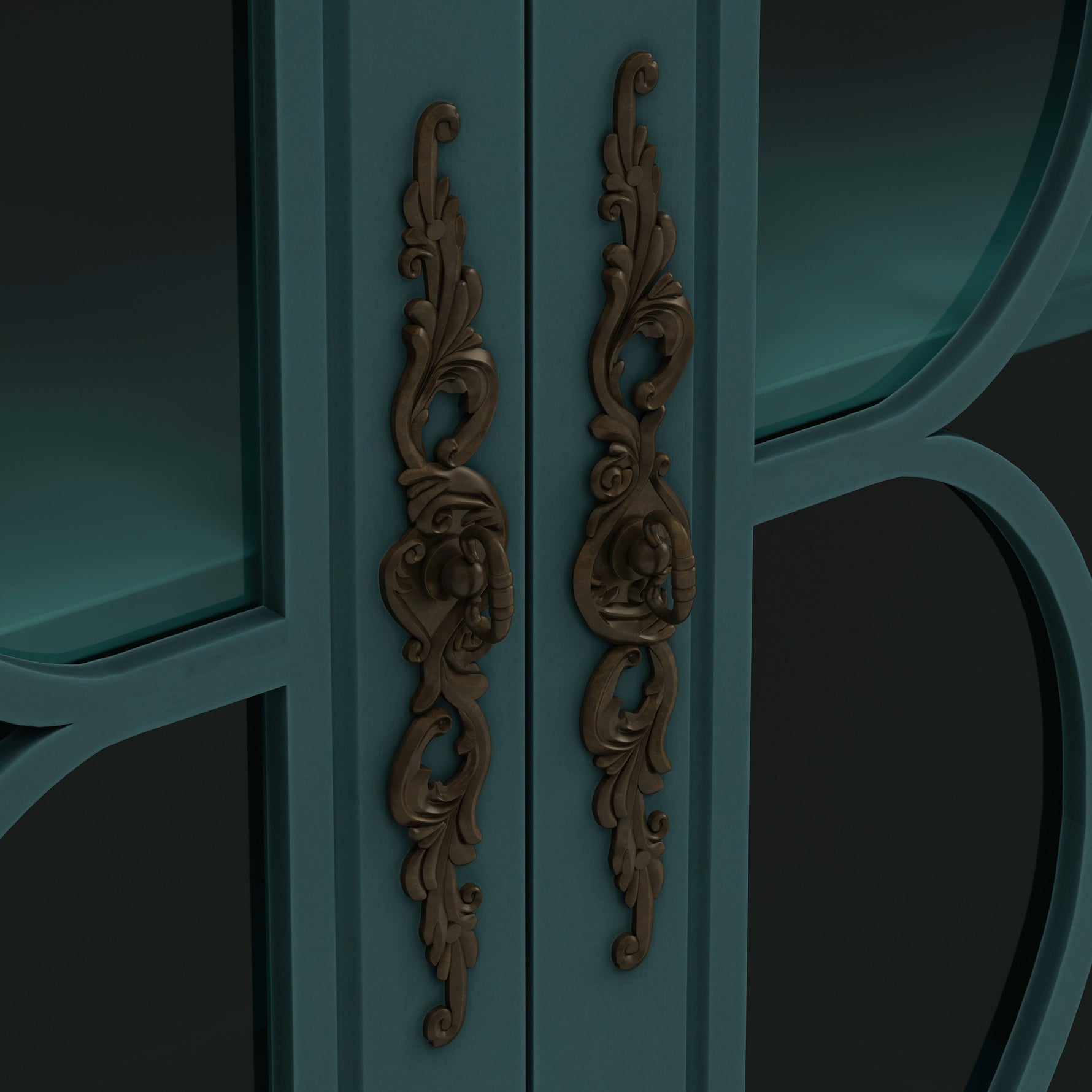 Elegant European Antique Style 4-Door Cabinet with Tempered Glass Doors