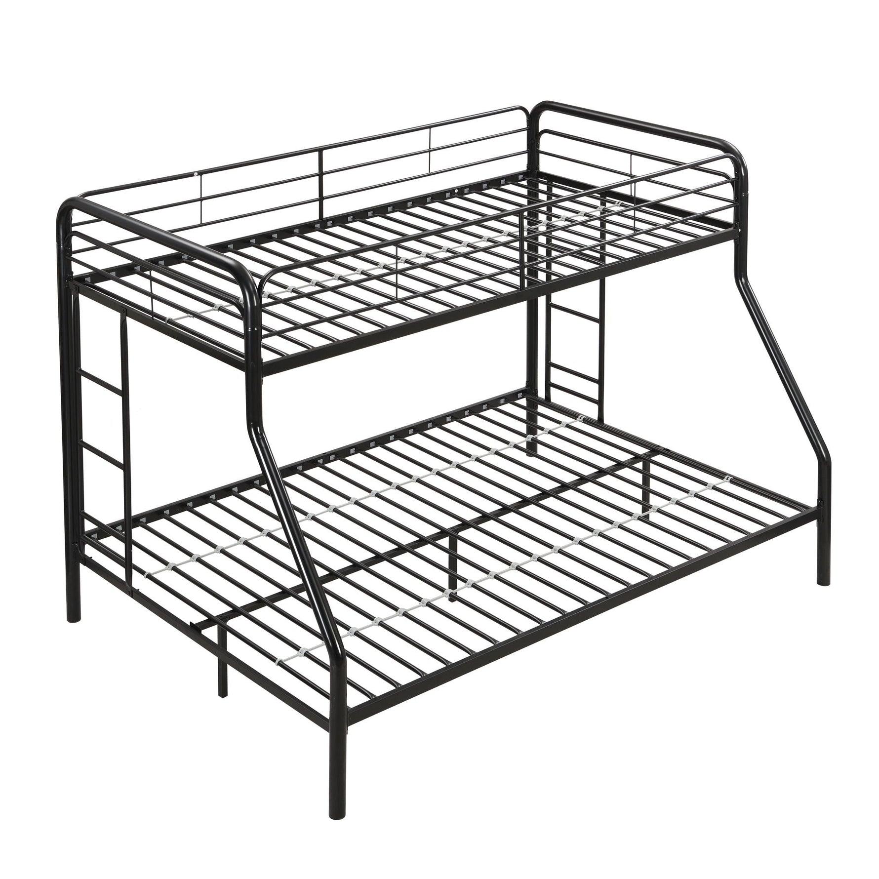 Modern Twin Over Full Metal Bunk Bed with Trundle and Dual Side Ladders