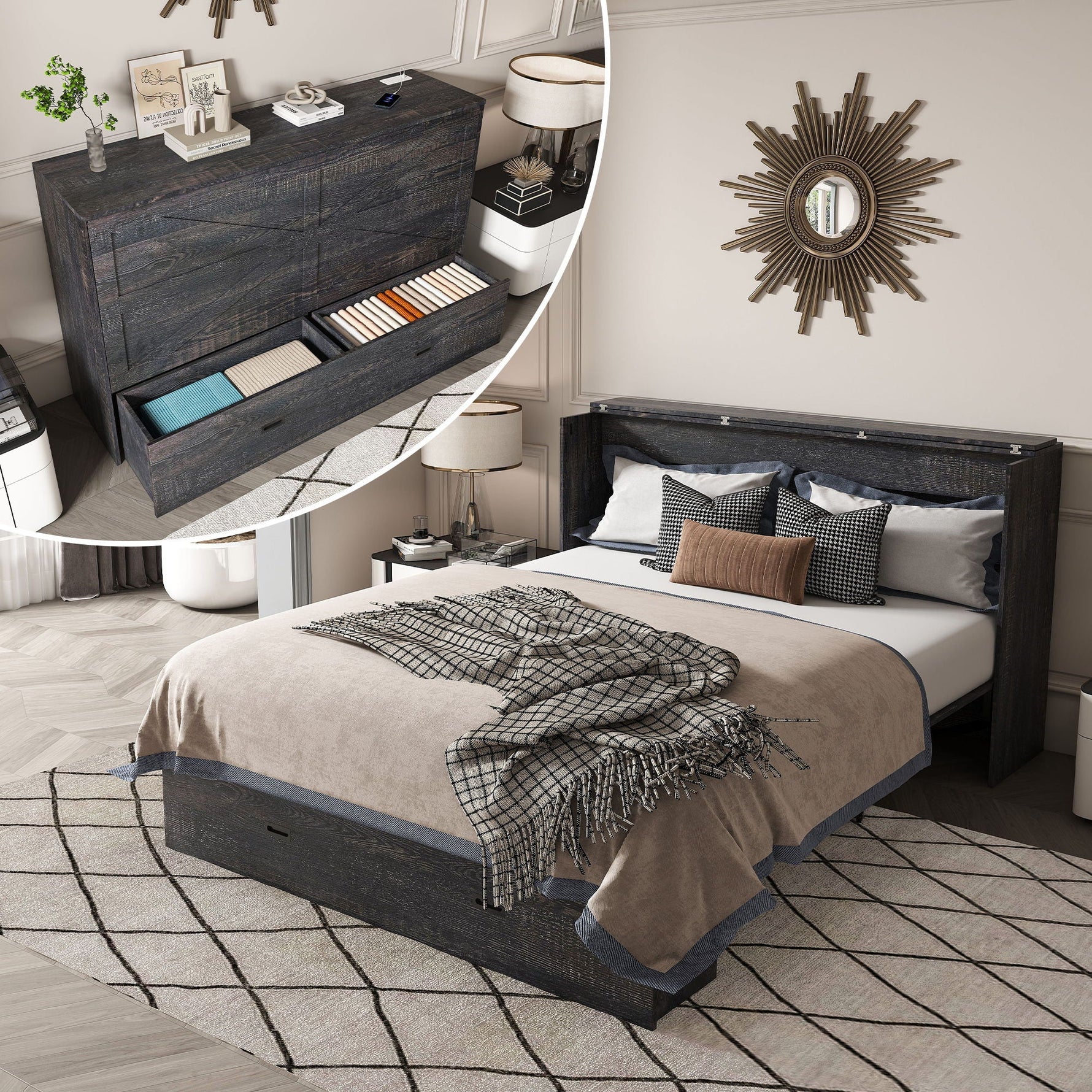 Murphy Bed With Storage Drawers And Charging Cabinet, Foldable Panels, Swivel Wheels