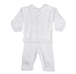 Little Things Mean A Lot Boys 100% Cotton Knit Two Piece White Christening Baptism Outfit - 3 Month