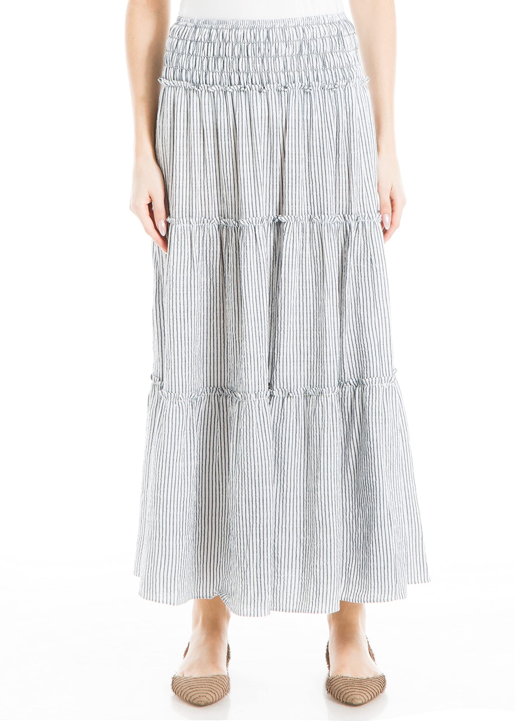 Max Studio Women's Maxi Tiered Skirt, Ivory/Navy Ticking Stripe, X-Small