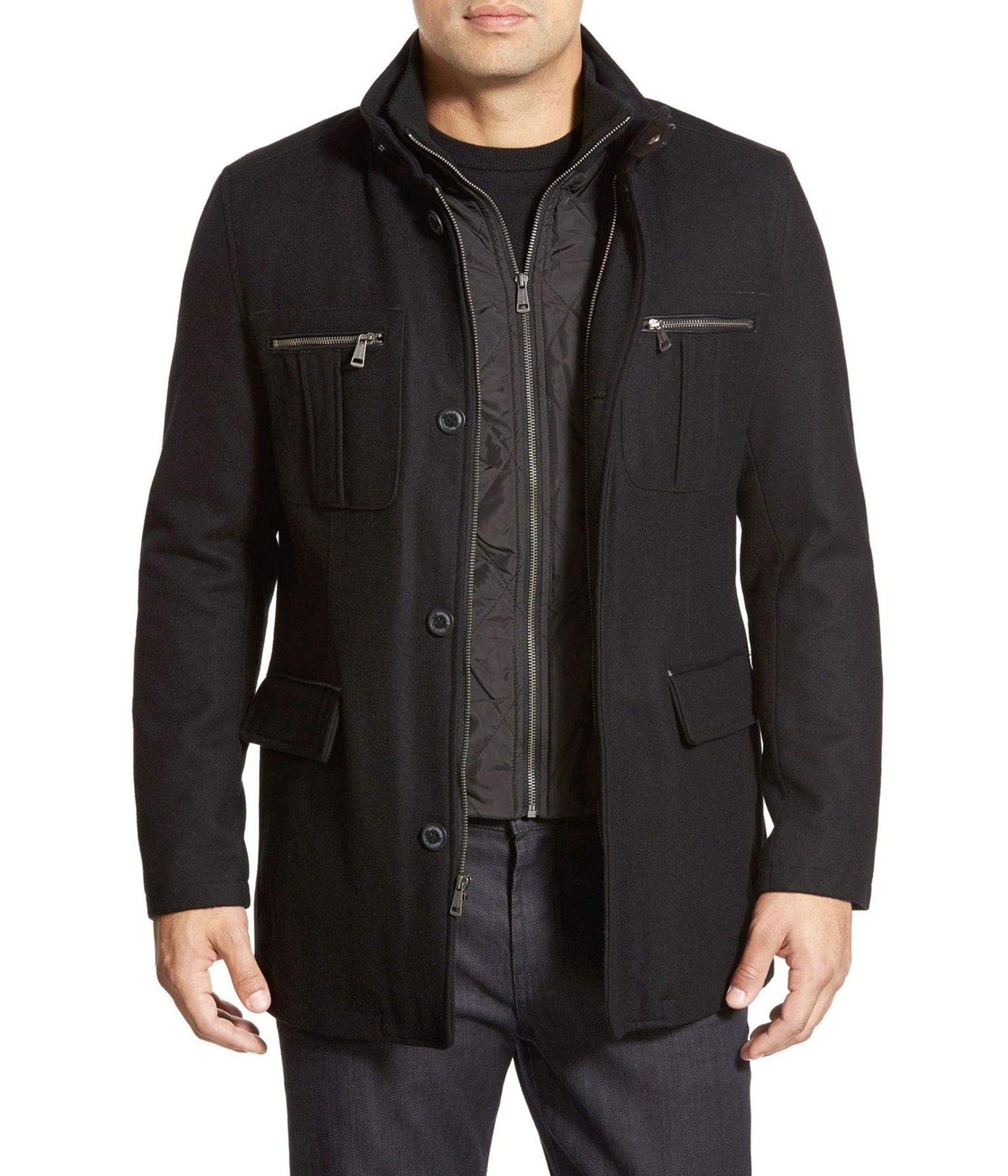 Cole Haan Signature Men's Wool Melton Coat with Nylon Bib, Black, X-Large