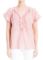 Max Studio Women's Short Sleeve Ruffle Top, Coral-Bd-72-3118, Large