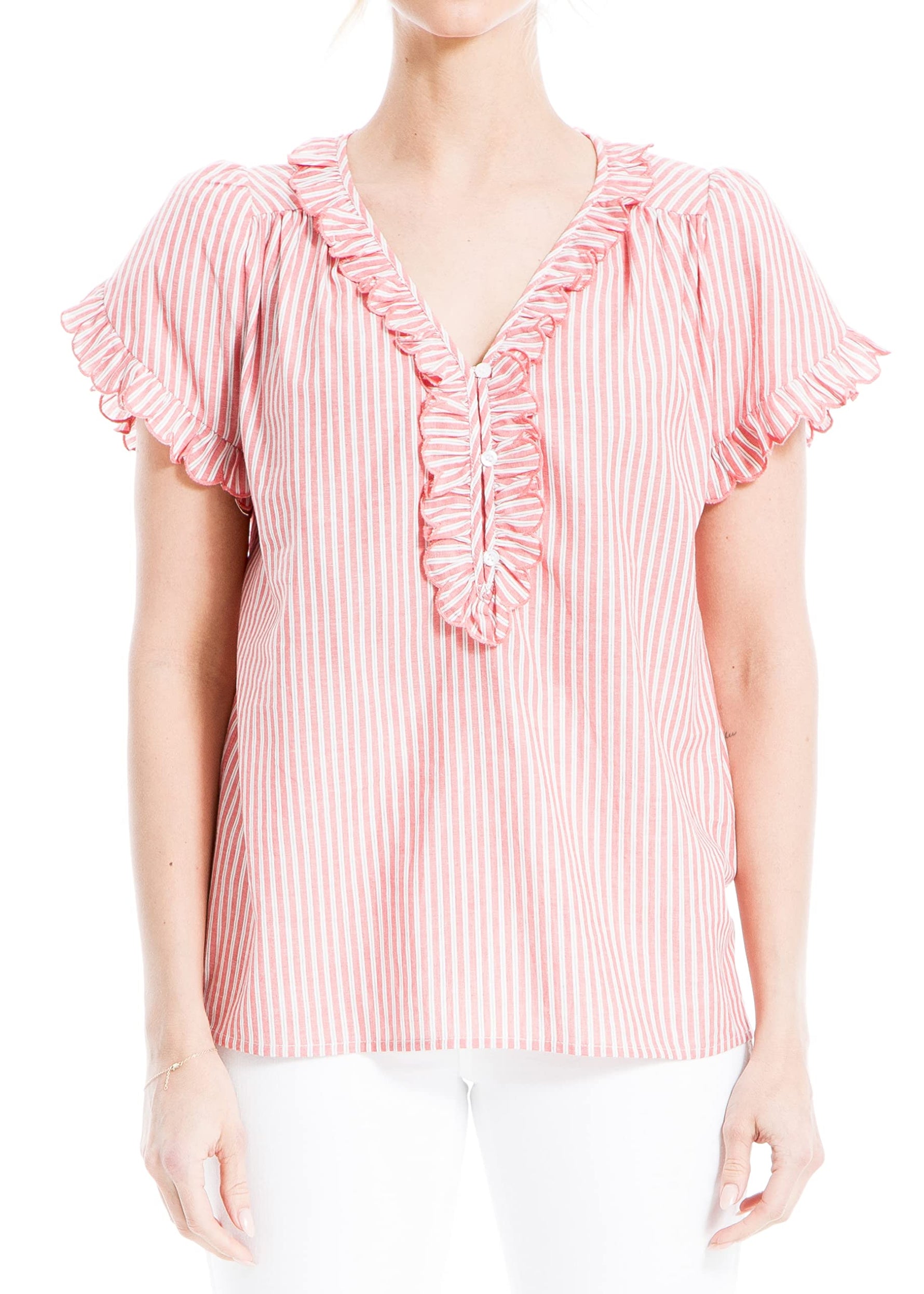 Max Studio Women's Short Sleeve Ruffle Top, Coral-Bd-72-3118, Large