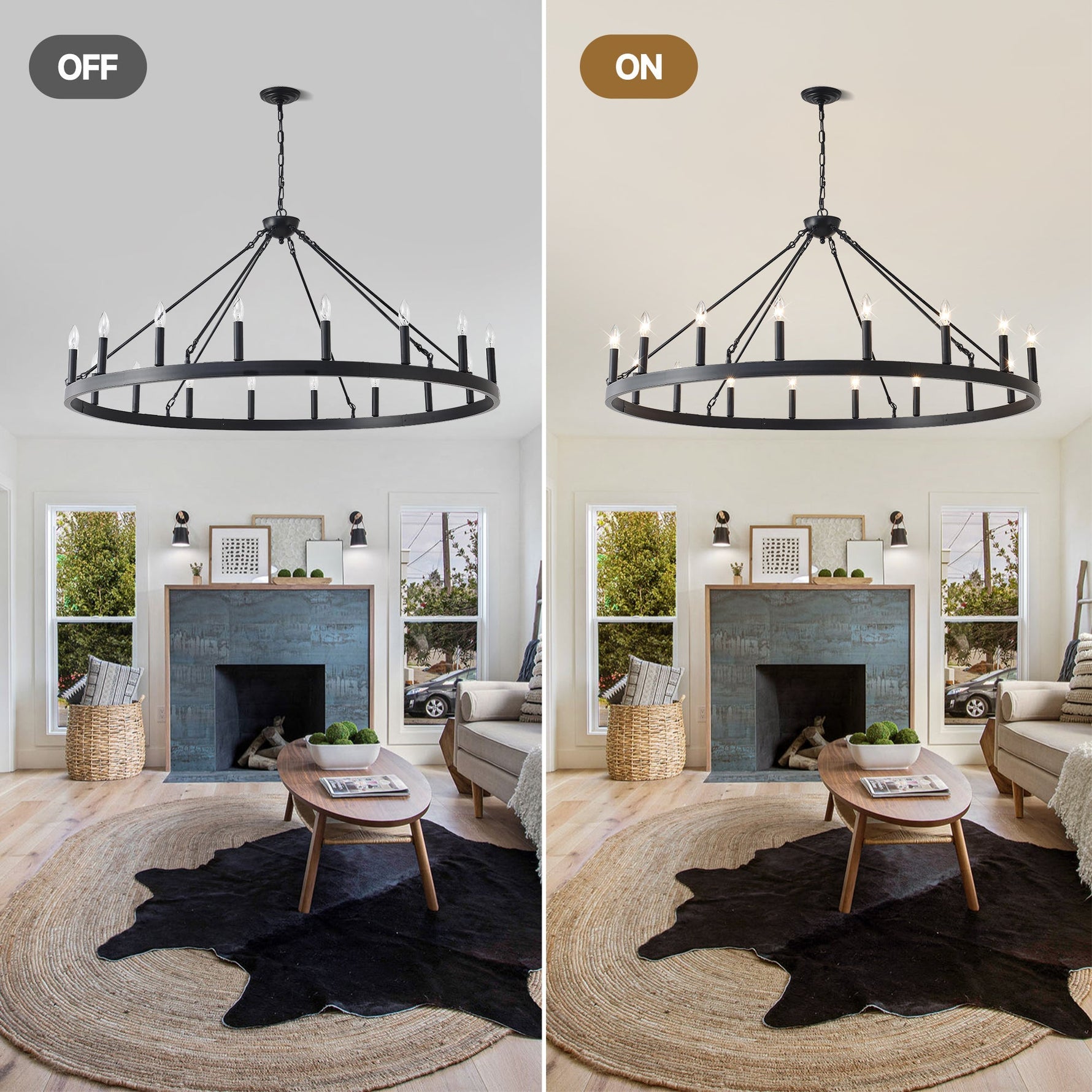 53.15 Inch Matte Black Wagon Wheel Chandelier with 18 Lights