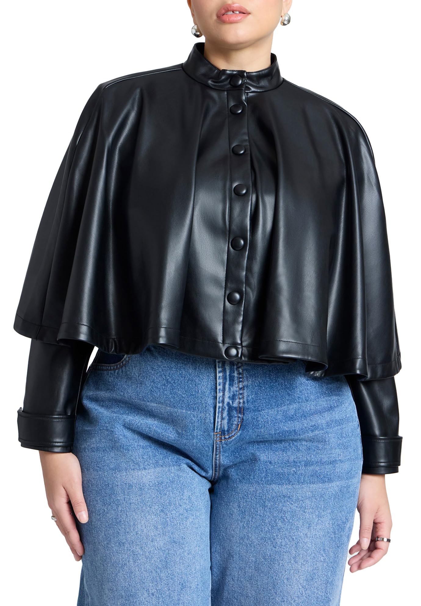 ELOQUII Women's Plus Size Faux Leather Cape Jacket - 14, Black Onyx