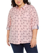 Tommy Hilfiger Womens Plus Button-Down Heart Print Top Pink 0X