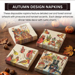 Khen Woodland Napkins, 100 Pack 4 Designs, 5" x 5" Folded Beige Square Disposable