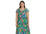 LAUREN Ralph Lauren Plus Size Floral Crinkle Georgette Tiered Dress (Green/Blue Multi) Women's Clothing
