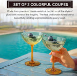 Khen Hexagonal Coupe Glasses Elegant Break Resistant  - Set of 2 Teal + Brown