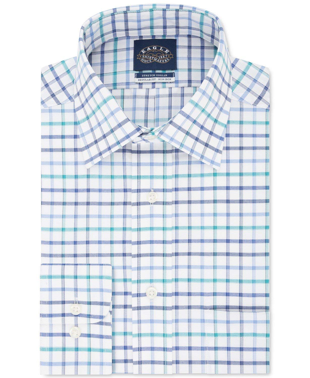 Eagle Mens Dress Shirt Blue Checkered Printed Stretch White 15