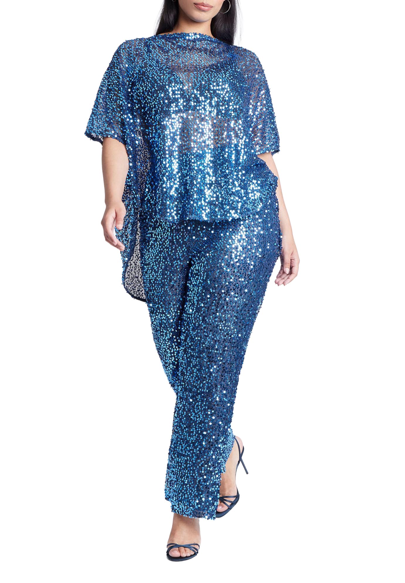 ELOQUII Women's Plus Size Sequin Open Mesh Straight Leg Pant - 18, Blue Steel