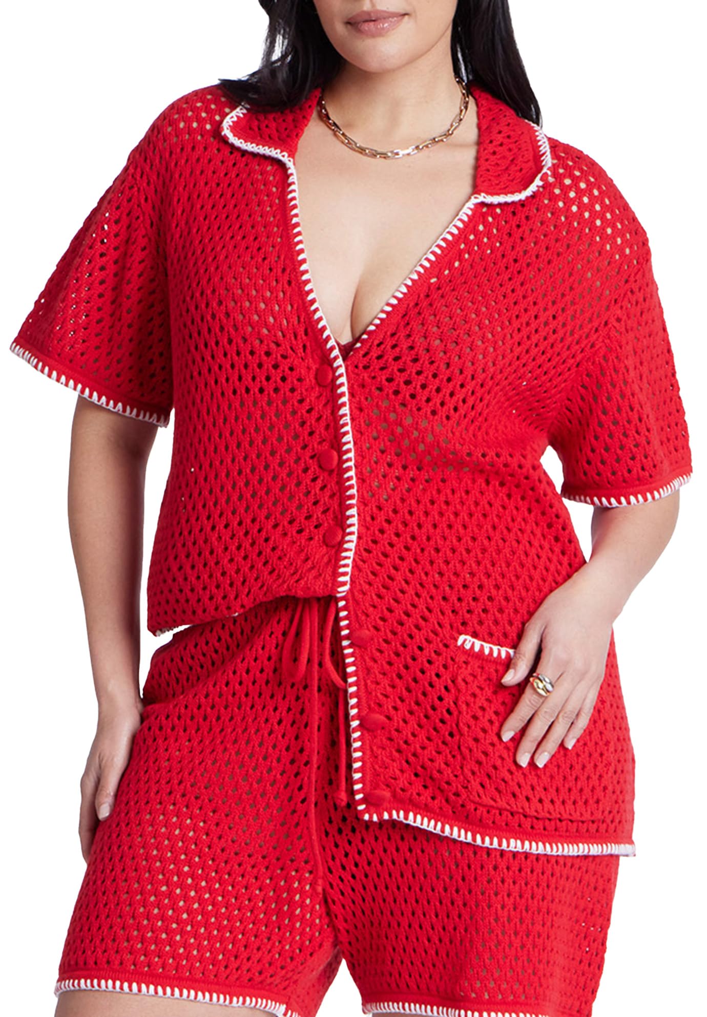 ELOQUII Women's Plus Size Crochet Sweater Tee - 18/20, Flame Scarlet