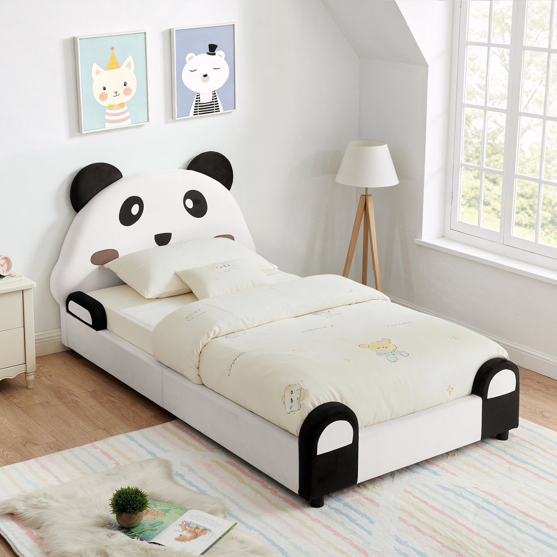 Twin Size Cute Panda-Shaped Kids Bed with Velvet Fabric