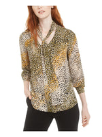 bar III Women's Printed Tie-Neck Top Dark Green Size Extra Small