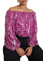 ELOQUII Women's Plus Size Fringe Sequin Off The Shoulder Top - 14, Festival Fuschia