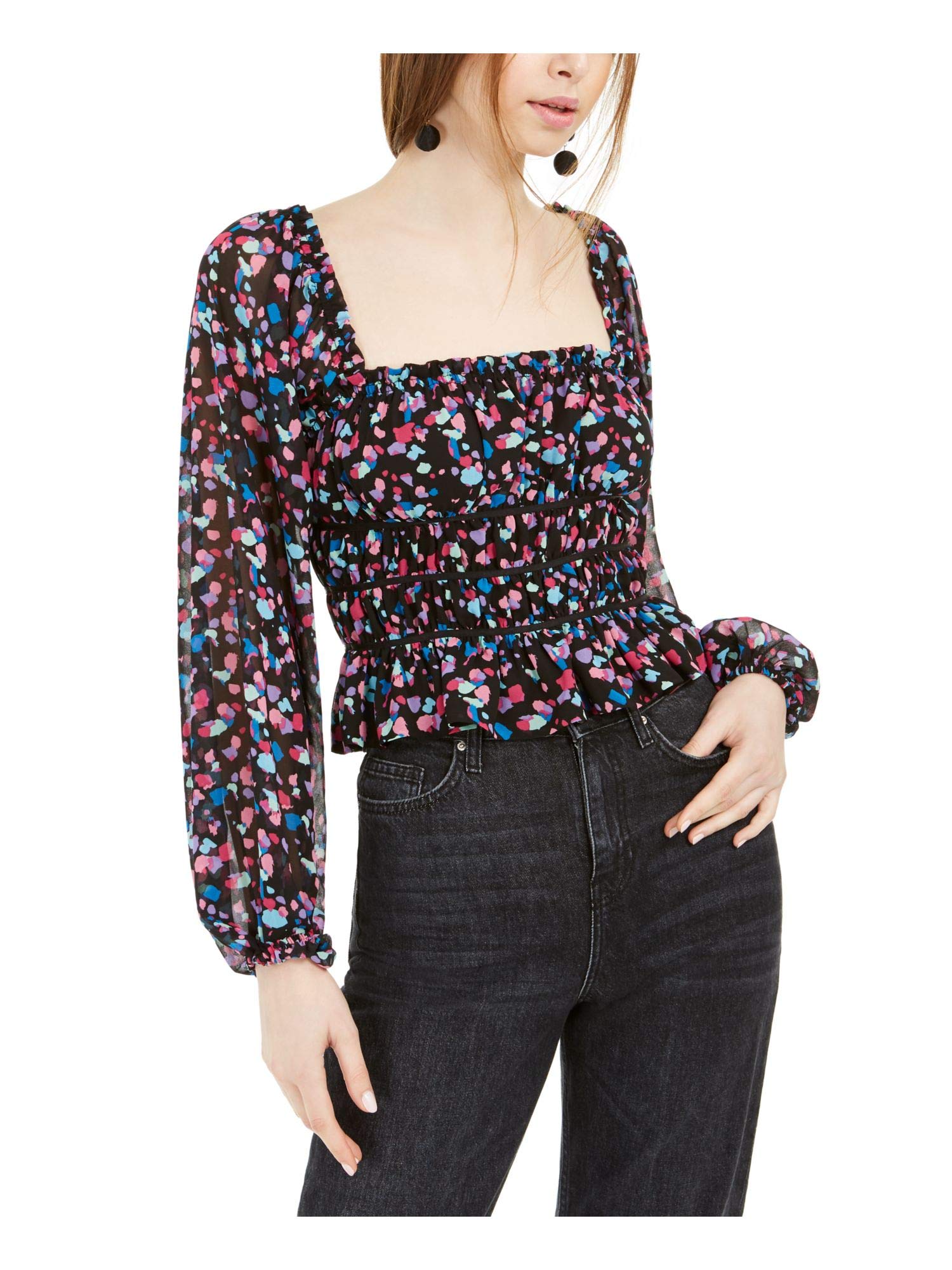 Leyden Womens Juniors Smocked Floral Top Black M