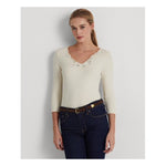 RALPH LAUREN Womens Beige Embroidered Lace V-neck 3/4 Sleeve V Neck T-Shirt S
