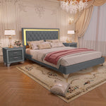 3-Pieces Bedroom Set, Queen Size Upholstered Platform Bed with LED Lights and Two Nightstands - Gray