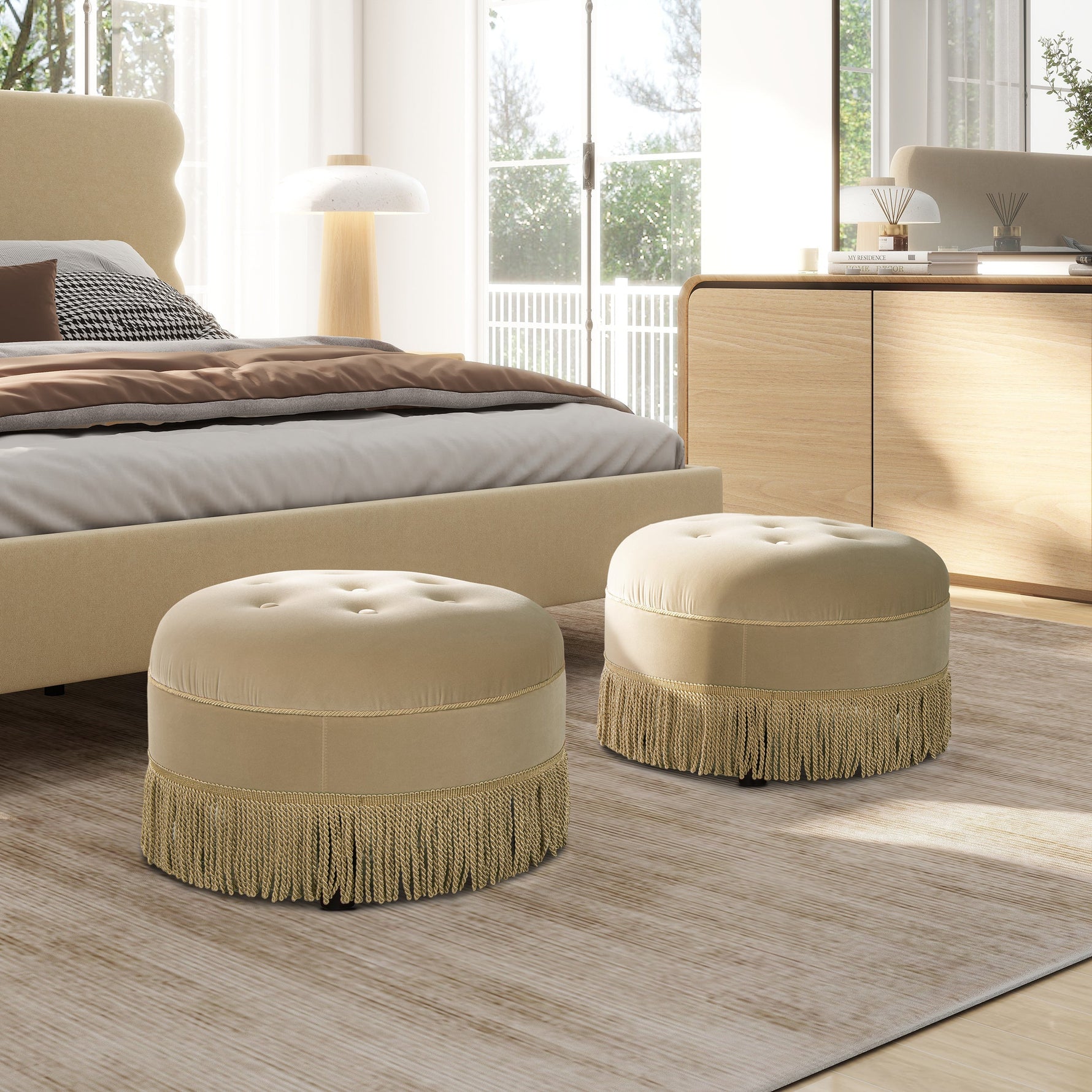 Yolanda 24" Round Upholstered Accent Ottoman in Fawn Brown Velvet