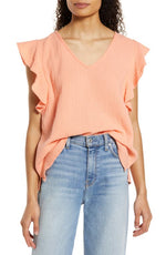Caslon Coral Pink V-Neck Ruffle Sleeve Top - X Large