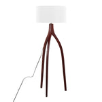 Wishbone Contemporary Floor Lamp in Walnut Wood with White Fabric Shade