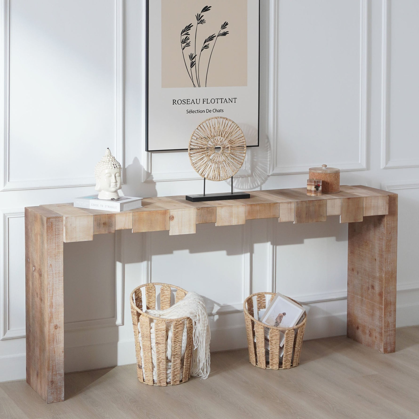 Modern Rustic Console Table - 71" Entryway Table with Sculpted Block Design