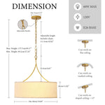 3-Light Gold Fabric Drum Pendant Light