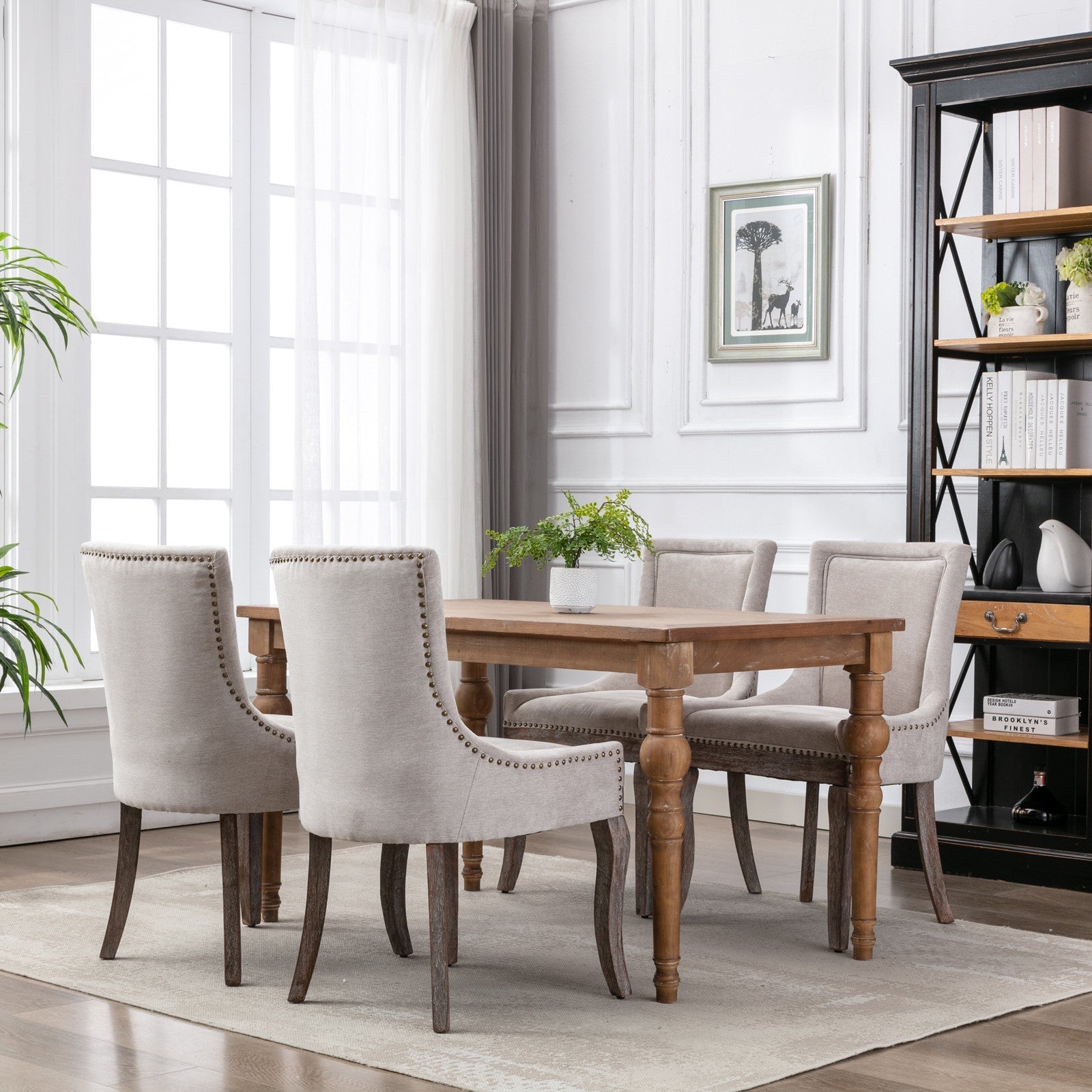 A&A Furniture Ultra Side Dining Chair with Thickened Fabric and Bronze Nail Head, Beige, Set of 2