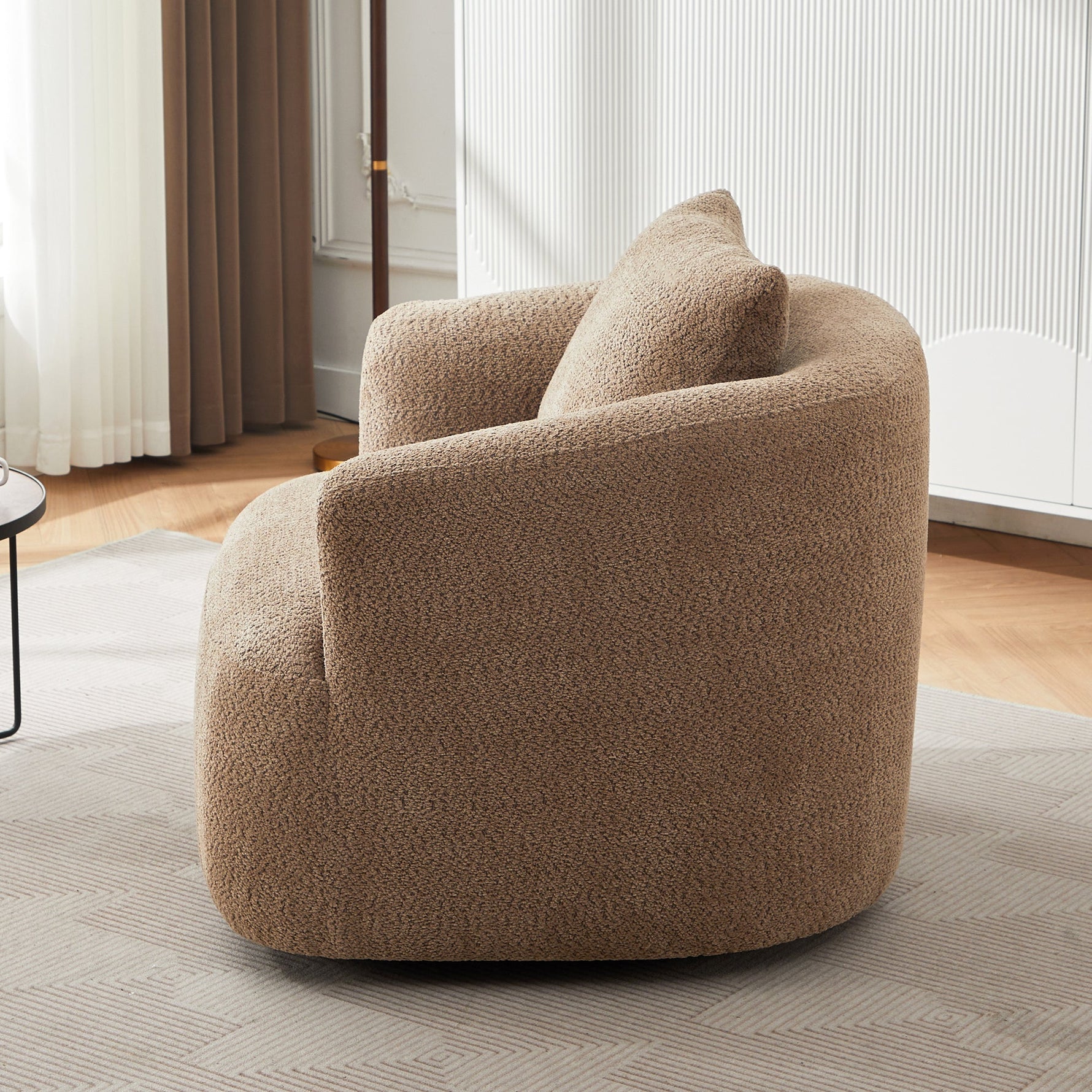 Chenille Upholstered 360° Swivel Chair with Throw Pillow, Dark Brown