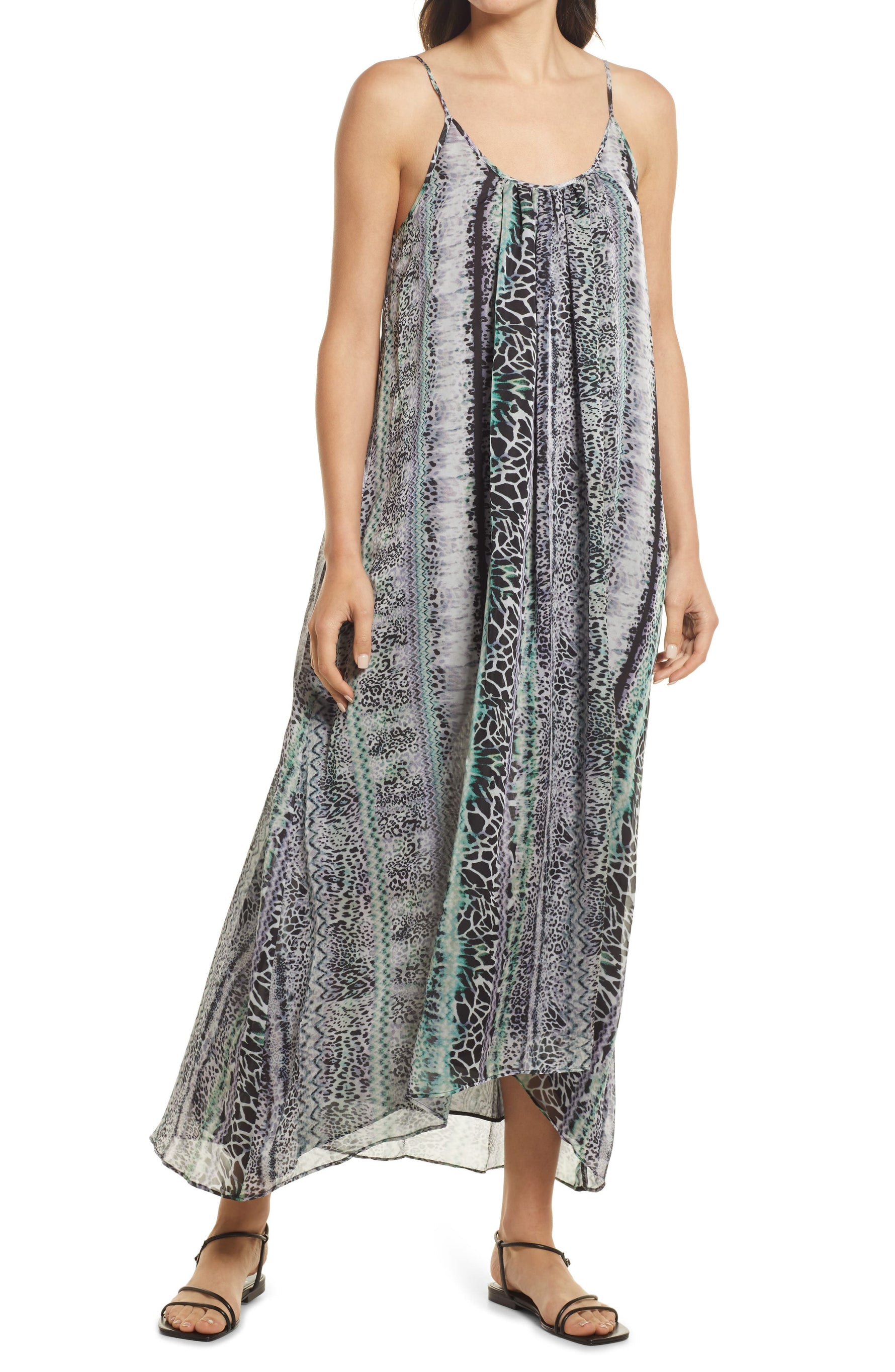 Chelsea28 Animal Print Double Scoop Chiffon Maxi Dress in Green Juniper Animal, Size Medium