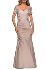 La Femme Lace Back Satin Trumpet Gown - Frost Rose
