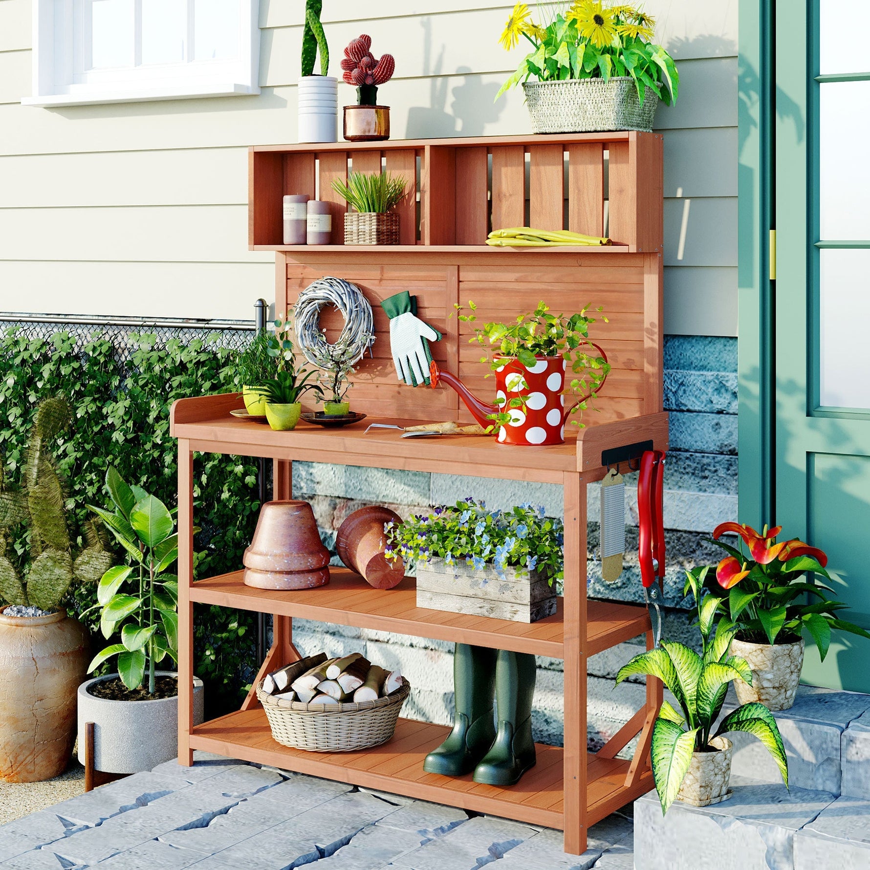 TOPMAX 65' Large Wooden Farmhouse Rustic Outdoor Potting Bench Table