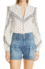 Veronica Beard Abra Tie Neck Cotton Blouse, Size 4 in White Multi