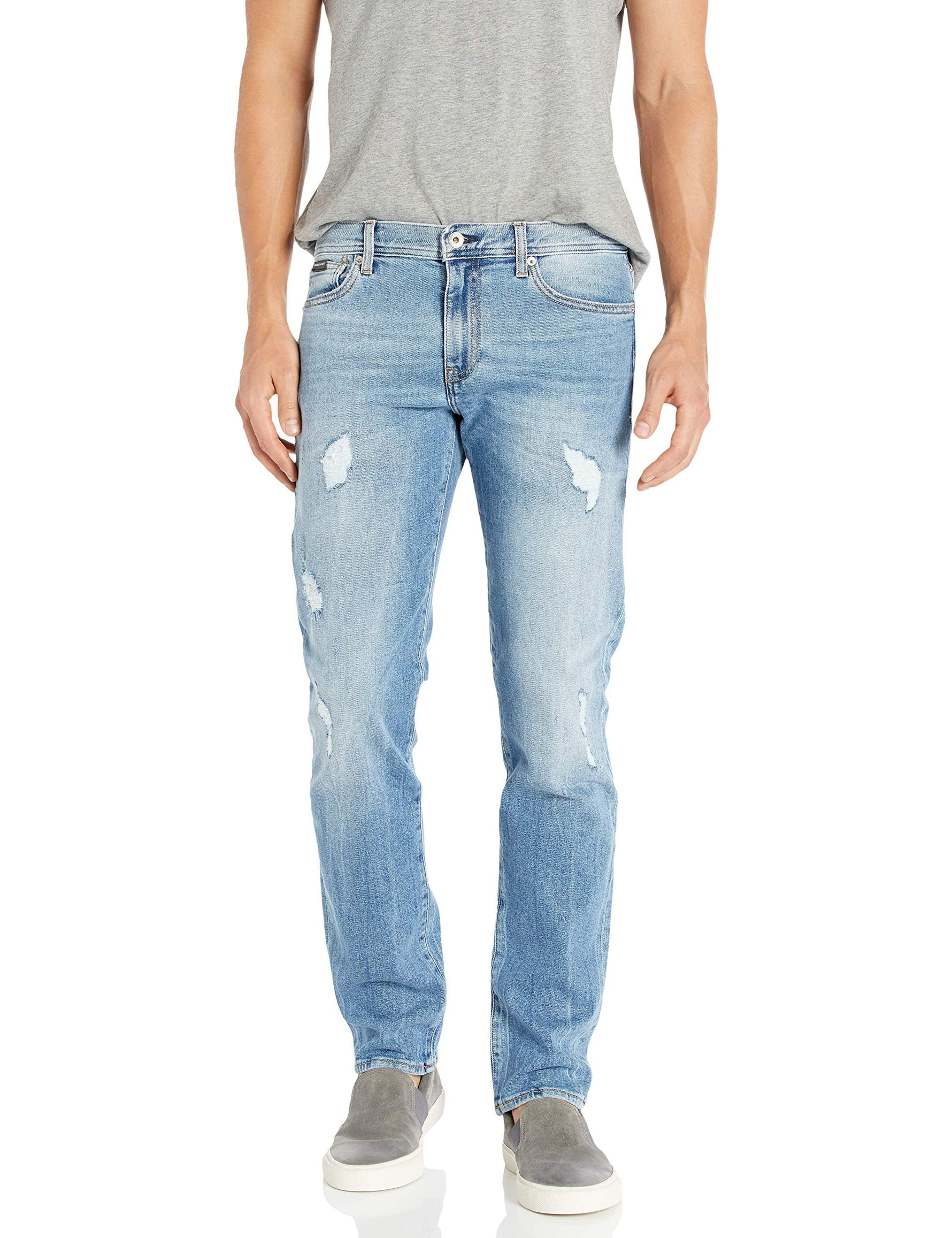A|X ARMANI EXCHANGE Men's Stretch Cotton Straight Pant with Rips and Repairs, Indigo Denim, 36